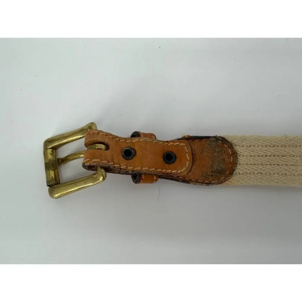 Vintage Jordache Canvas Leather Belt Cream Tan Brass Buckle Unisex USA